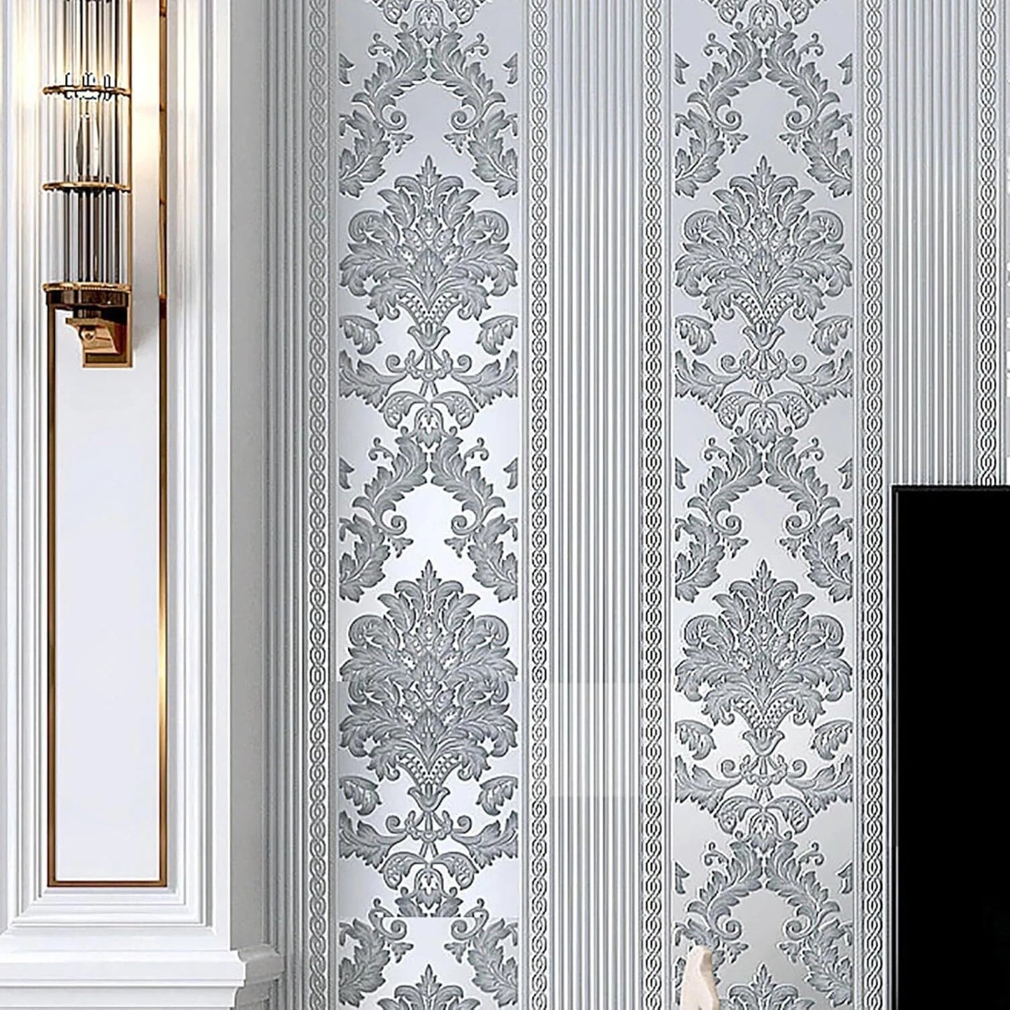 Silver Grey Wallpaper Roll Damask Glitter Embossed`Textured Non-Woven Wall Paper
