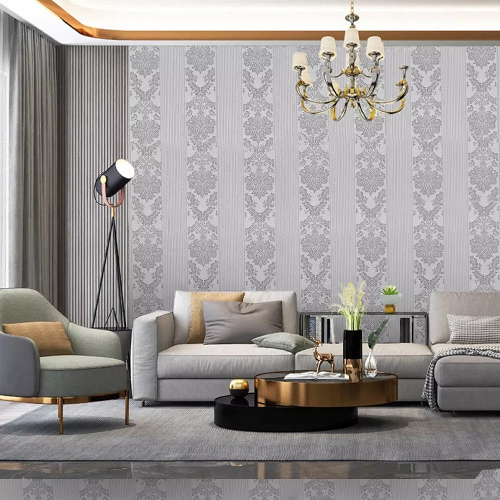 Silver Grey Wallpaper Roll Damask Glitter Embossed`Textured Non-Woven Wall Paper