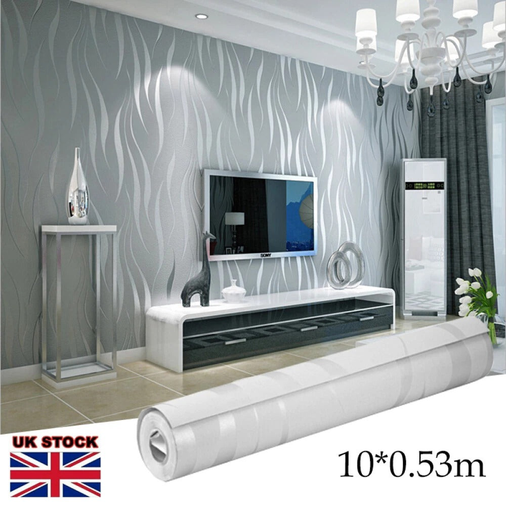 Silver Grey Wallpaper Roll 3D Damask Wave Stripe Embossed Textured Wall Covering