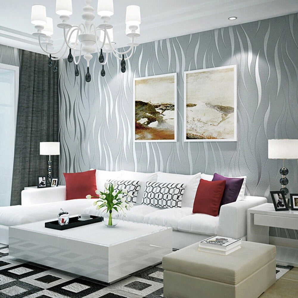 Silver Grey Wallpaper Roll 3D Damask Wave Stripe Embossed Textured Wall Covering