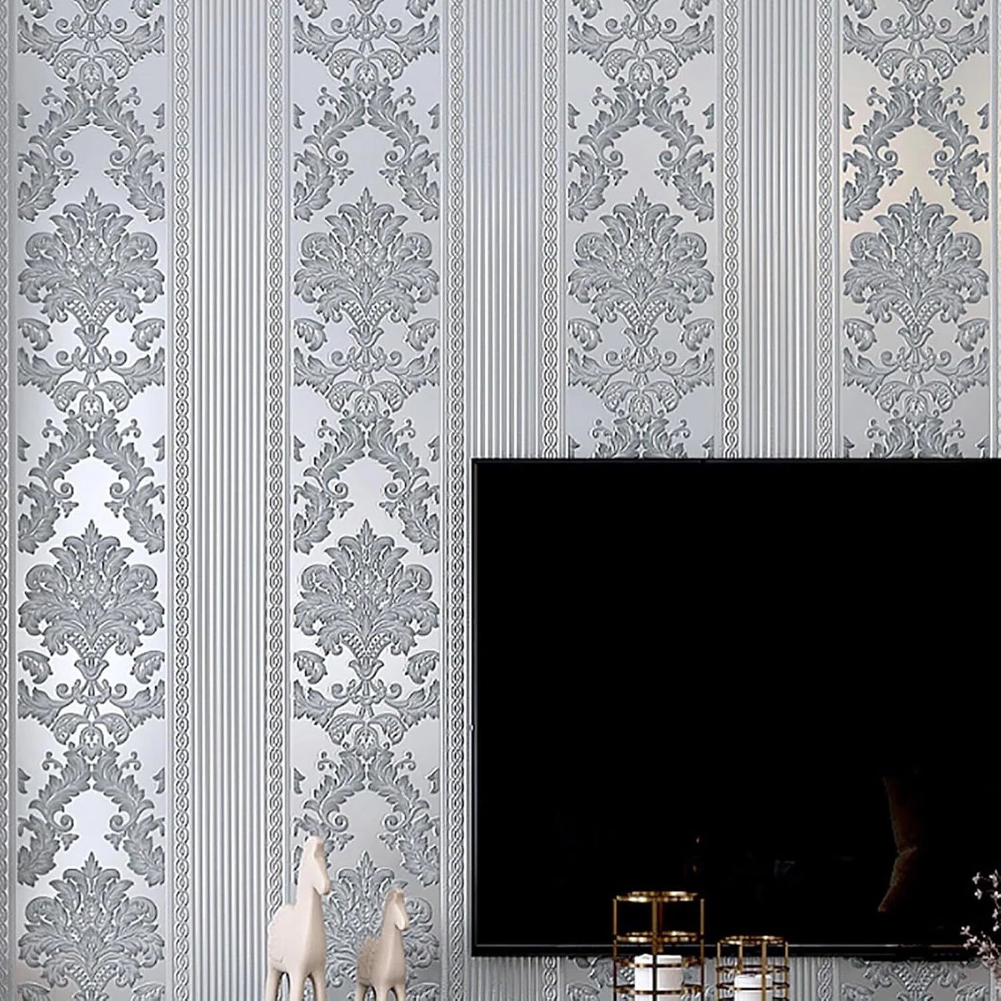 Silver Grey Wallpaper Roll Damask Glitter Embossed`Textured Non-Woven Wall Paper