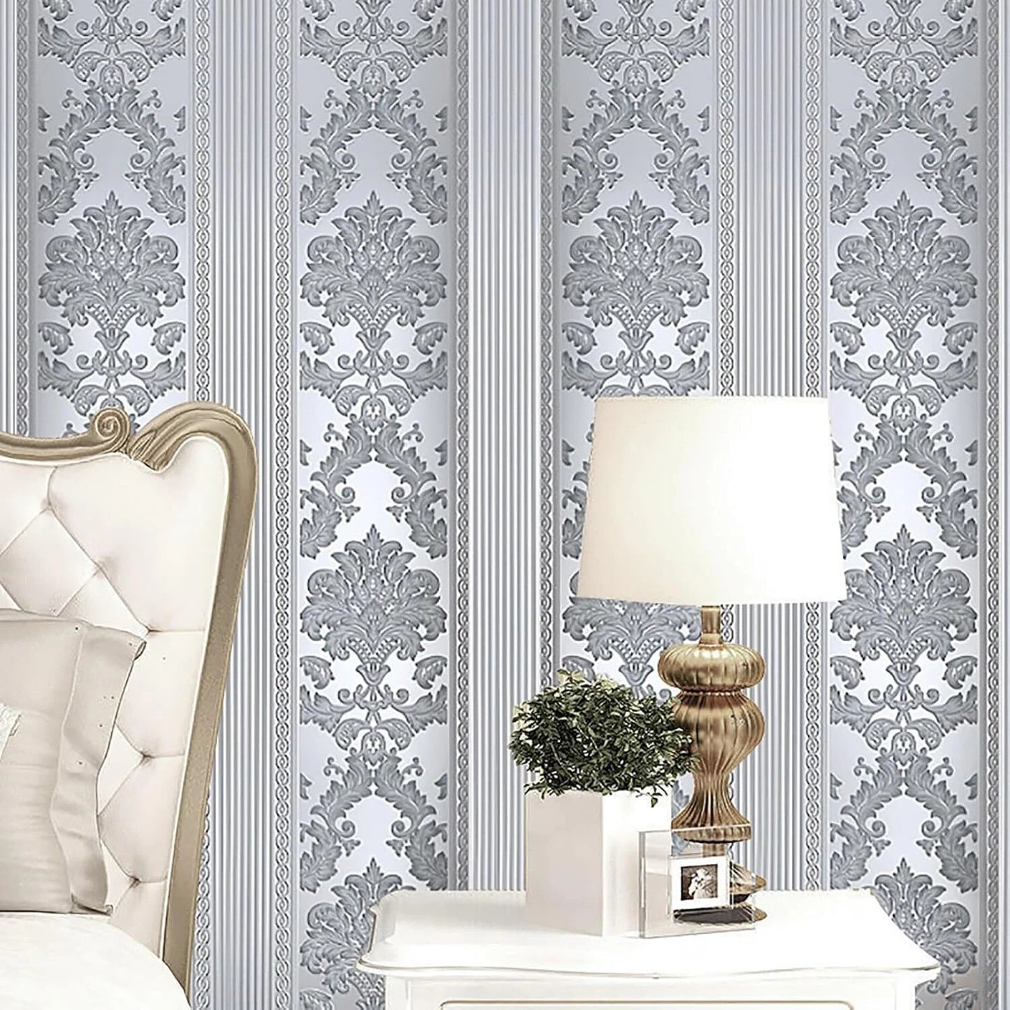 Silver Grey Wallpaper Roll Damask Glitter Embossed`Textured Non-Woven Wall Paper