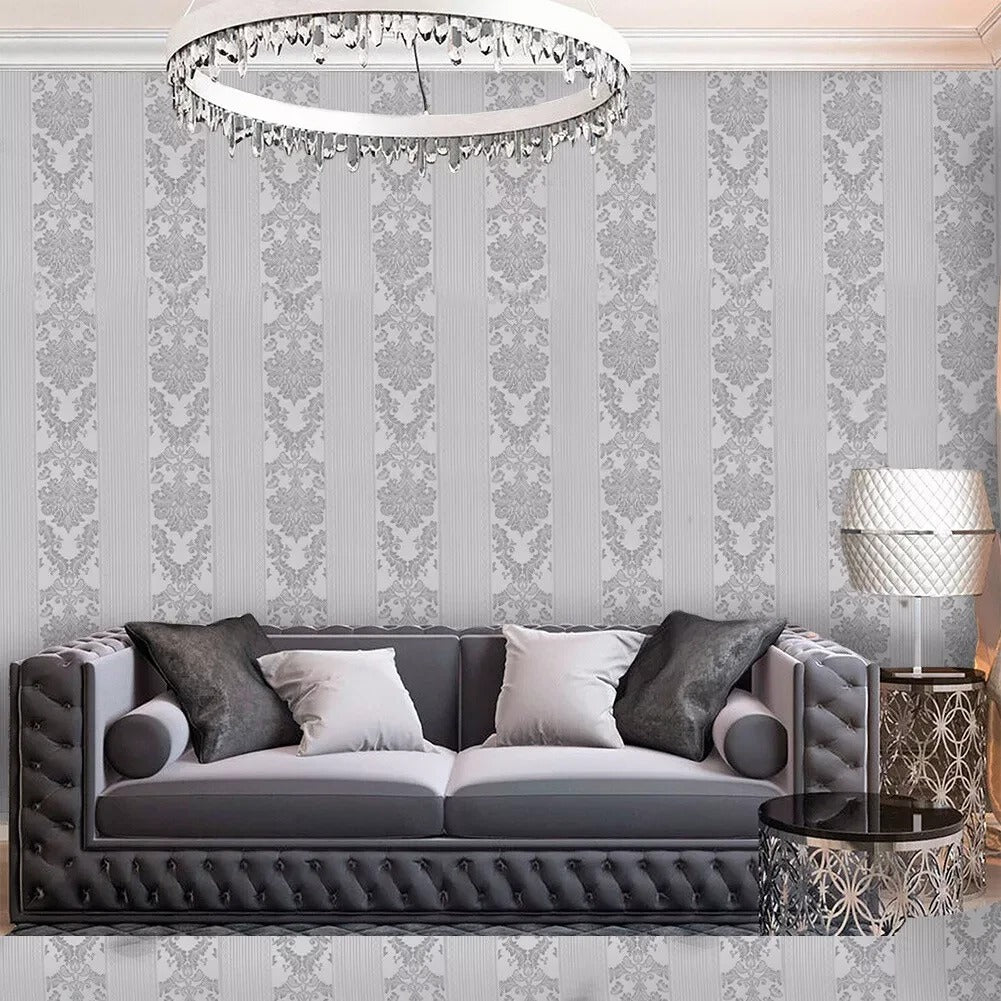 Silver Grey Wallpaper Roll Damask Glitter Embossed`Textured Non-Woven Wall Paper