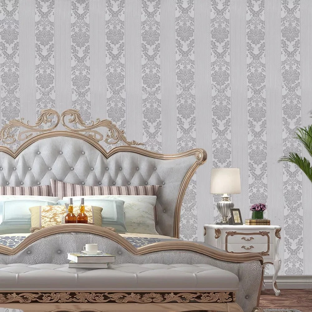 Silver Grey Wallpaper Roll Damask Glitter Embossed`Textured Non-Woven Wall Paper