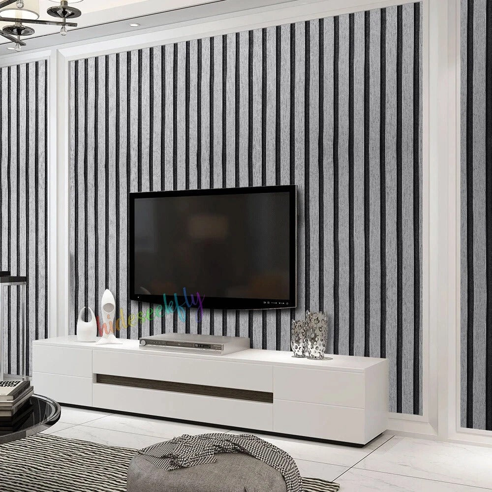 Black Grey 3D Wood Panel Stripes Embossed Textured Wallpaper Roll Wall Coverings