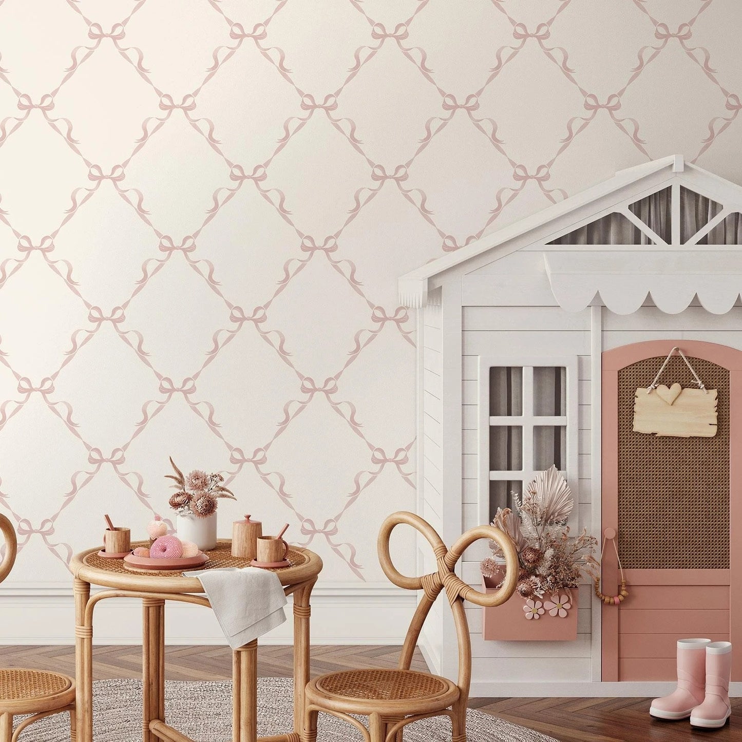 Cream Pink Ribbon Wallpaper
