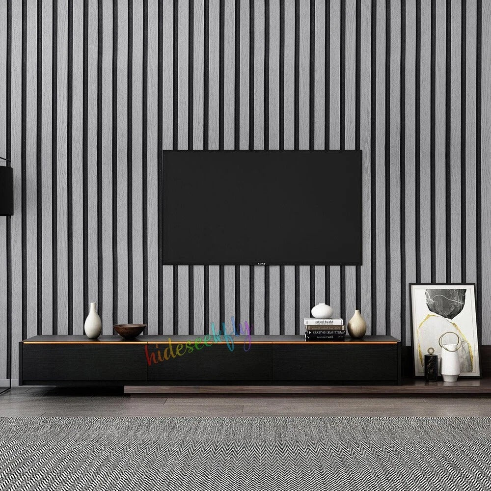 Black Grey 3D Wood Panel Stripes Embossed Textured Wallpaper Roll Wall Coverings