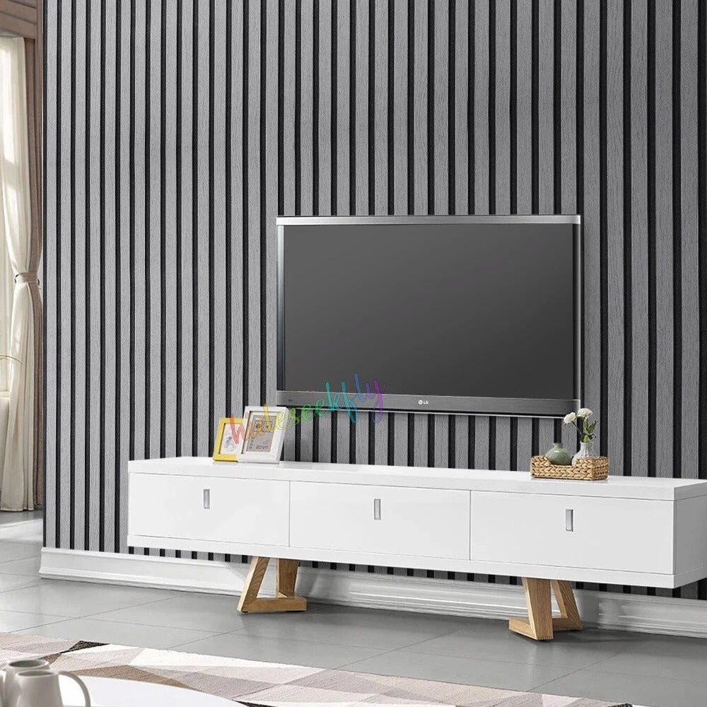 Black Grey 3D Wood Panel Stripes Embossed Textured Wallpaper Roll Wall Coverings