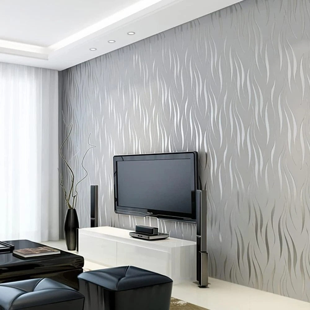 Silver Grey Wallpaper Roll 3D Damask Wave Stripe Embossed Textured Wall Covering